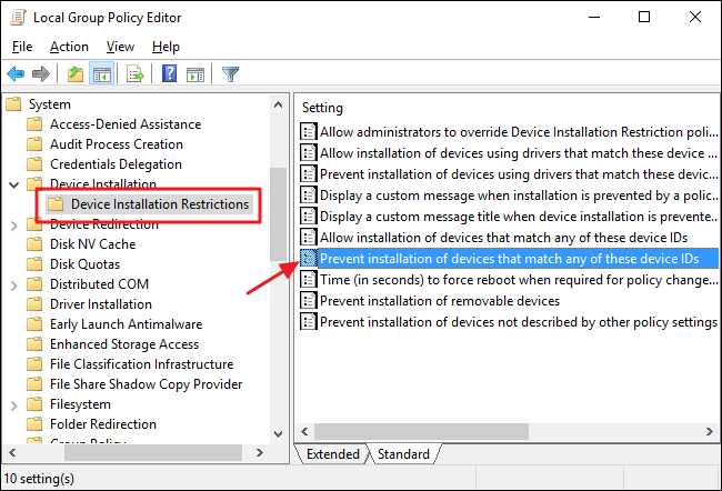 Windows Device Installation Restrictions